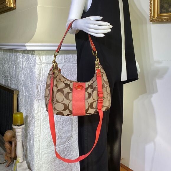 Coach Signature Canvas Shoulder Bag F19281 Brown & Salmon - Picture 2 of 13